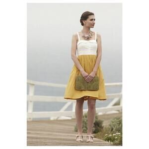 Anthropologie Maeve Vappu Dress White & Mustard Yellow Retro A Line Med Cotton